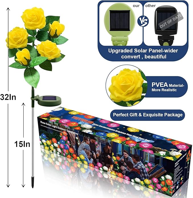 Solar Flower Lights Outdoor - Upgraded New Material Two Modes Realistic LED Solar Powered Waterproof Lights with 5 | Lumora