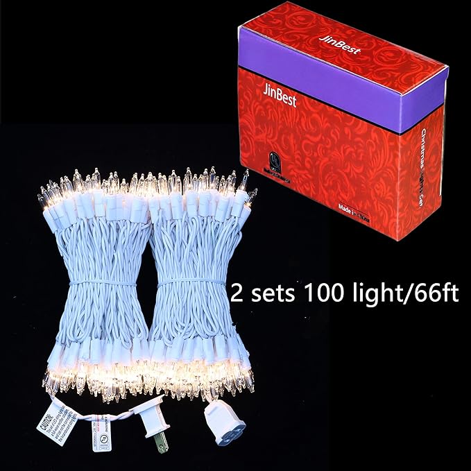 200 Clear Bulbs White Wire Christmas Lights, Commercial Grade Decorative Lighting String Pack of 2 Sets 100 Light, for Indoor Outdoor Party, Garden, Patio.