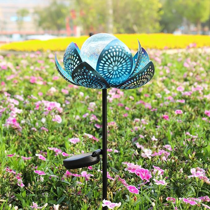 Afirst Solar Lights Outdoor, Garden Lotus Stake Lights Waterproof Decorative Pathway Light Metal Crackle Glass Solar Light Landscape for Garden,Patio,Lawn,Walkway,Tabletop,Pathway,Yard Decor, Blue