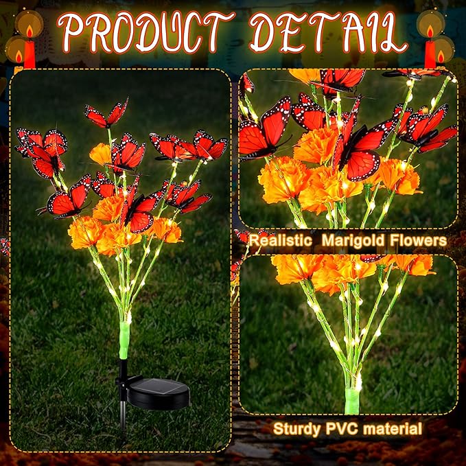 Riakrum 12 Pack Dia De Los Muertos Outdoor Decorations, Solar Marigold Lights with Monarch Butterflies Garden | Lumora