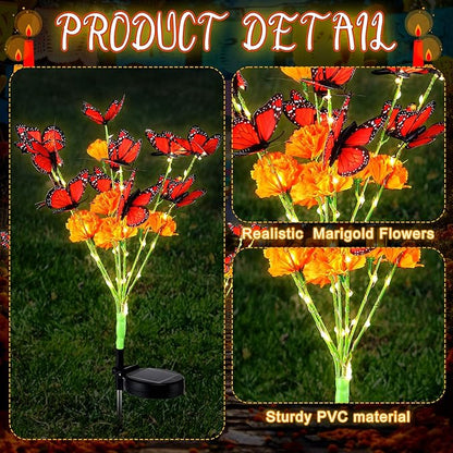 Riakrum 12 Pack Dia De Los Muertos Outdoor Decorations, Solar Marigold Lights with Monarch Butterflies Garden Waterproof Solar Lights for Day of The Dead Grave Halloween Diwali Indian Altar Cemetery
