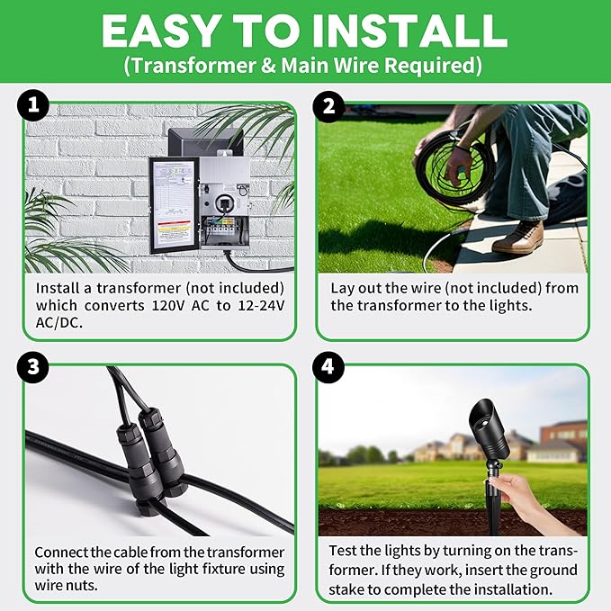 Landscape Spotlights Low Voltage - Warm & Cool White Adjustable Temp Uplight, Outdoor 12V LED Spot Lights, Wired IP65 Waterproof Aluminum, Black for Exterior House Tree Garden Yard
