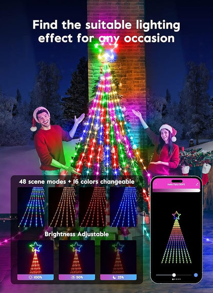 Outdoor Christmas Star String Lights, 16.4Feet 317LED Smart RGB Waterfall Tree String Light with APP Remote Control, DIY Timer Music Sync Shooting Star Lights for Indoor Outdoor Garden Decoration