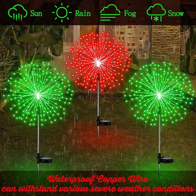 4th of July Decorations Outdoor 4 Pack Colored Solar Firework Lights with 180 LED Patriotic Solar Lights 8 Lighting Modes for Yard Pathway Garden Patio Party Decorations(Red Green)