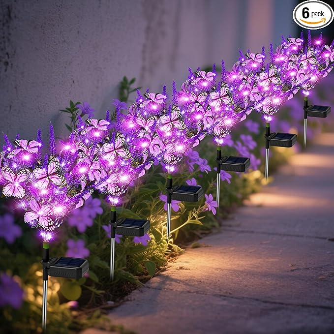 Solar Garden Lights Outdoor 6 Pack Lavender Butterfly Lights, Solar Artificial Flower Outdoor Waterproof Decoration Gardening Gifts for Women, Yard Patio Pathway Lawn Courtyard Decoration