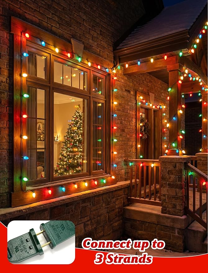 C7 Incandescent Christmas Lights Outdoor,Colored Christmas Tree Lights with 27 Glass 5w Bulbs(2 Spare),Vintage Xmas Lights Outdoor for Holiday/Paty/Patio/House Decor,E12 Base,Green Wire