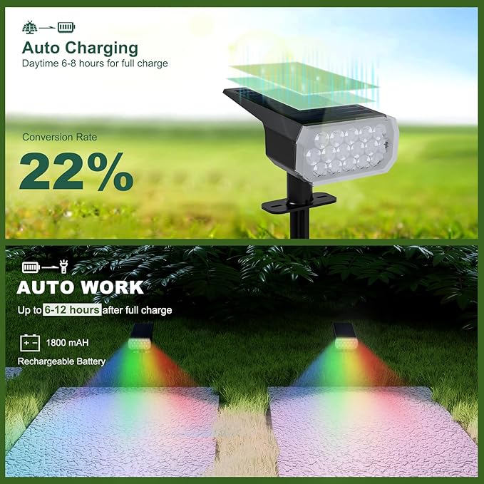 Solar Lights Outdoor Waterproof, 4 Pack RGB Solar Spot Lights Outdoor, 16 LED High Brightness Landscape Lighting, 1800mAh 8 Modes Solar Outdoor Lights for Yard Garden Decor, IP65