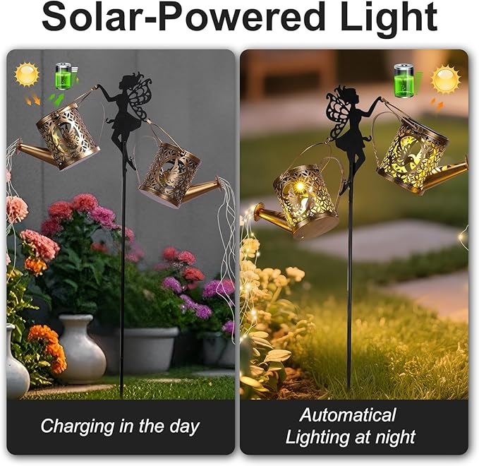 ZKLiLi Christmas Solar Watering Can Lights Outdoor, IP65 Waterproof Metal Garden Decor with one Pole Two Light - Hanging Patio Lawn Pathway Decoration Gift for Backyard,Lawn,Patio