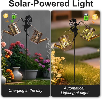 ZKLiLi Christmas Solar Watering Can Lights Outdoor, IP65 Waterproof Metal Garden Decor with one Pole Two Light - Hanging Patio Lawn Pathway Decoration Gift for Backyard,Lawn,Patio