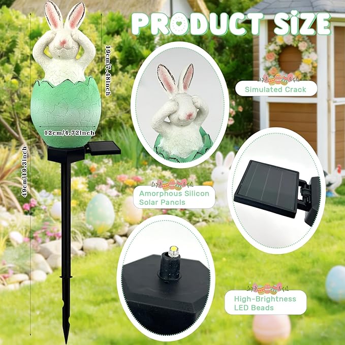 Solar Easter Egg Bunny Lights Outdoor, Waterproof Easter Solar Lights Rabbit Bunny Garden Statue Easters Yard Egg Decorations Outdoor for Outside Cemetery Grave (Green Don't See)