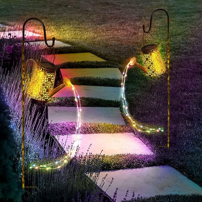 Solar Watering Can Lights, Solar Watering Can with Cascading Lights, Vintage Hanging Lantern Outdoor Decor for Garden Yard Lawn Patio Pathway (Multicolor)