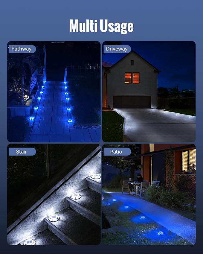 Solar Driveway Lights Dock Lights Waterproof 16 Pack, 2 Colors in 1 Outdoor LED Solar Deck Lights, Solar Powered Walk Way Light Road Marker for Warning Stair Pathway Patio Yard (Blue & White)