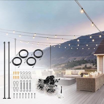 Yescom 200Ft Outdoor String Lights with 2PCS 10Ft Light Poles 59 1/12Ft Steel Cable,104 Shatterproof ST38 Vintage Edison Bulbs Waterproof Dimmable 2700K for Commercial Grade Wedding Event Party