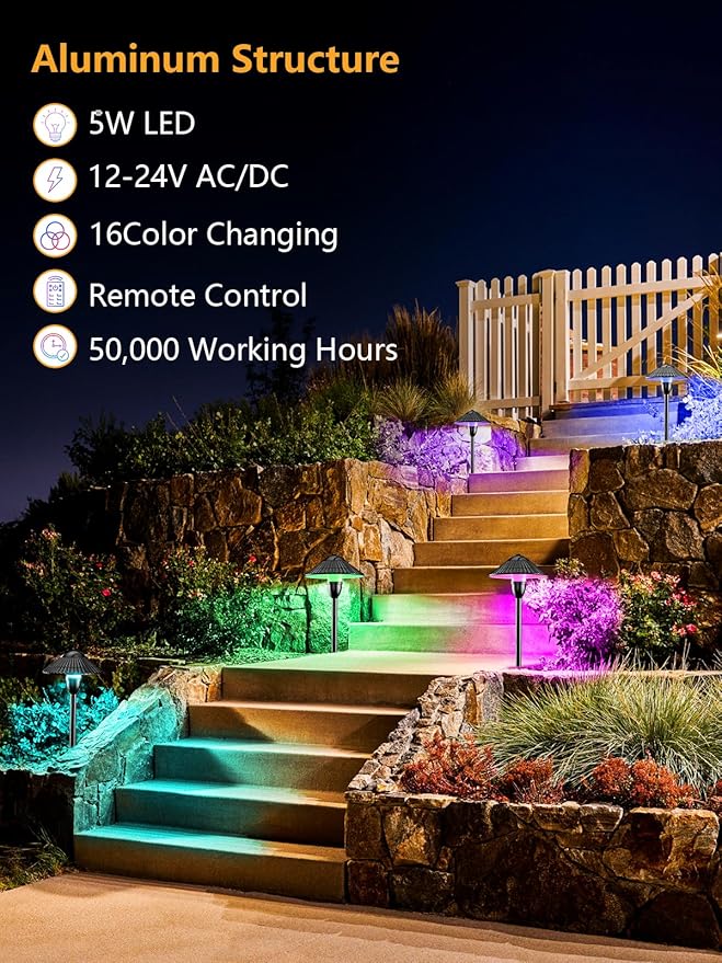 ZUCKEO RGBW Low Voltage Landscape Lighting 5W Color Changing Pathway Lights 12-24V Multi-Color LED Path Lights | Lumora