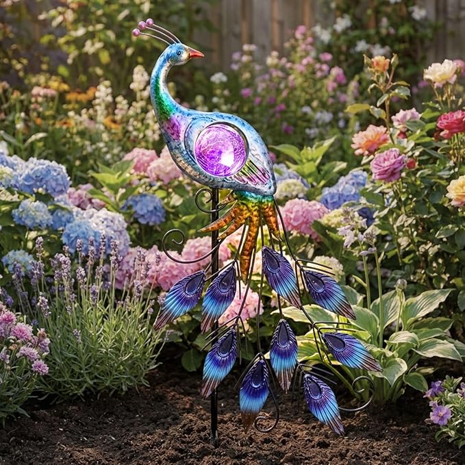 TERESA'S COLLECTIONS Solar Garden Lights Outdoor Garden Decor, Metal Peacock Decorations for Yard, 33'' Purple | Lumora
