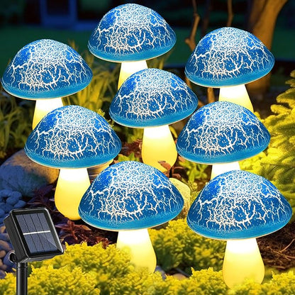 Solar Mushroom Lights Garden Decor 8 Blue Crack Mushrooms Outdoor Decor Stake Lights, Waterproof Solar Pathway Light Gardening Gifts for Landscape Easter Gnomes Yard Halloween Christmas Decorations