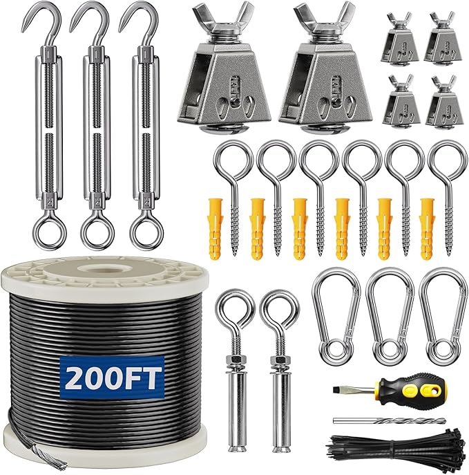 String Lights Suspension Kit 200FT 304 Stainless Steel Wire Rope Black Nylon Coated Cable Heavy Duty Outdoor String | Lumora