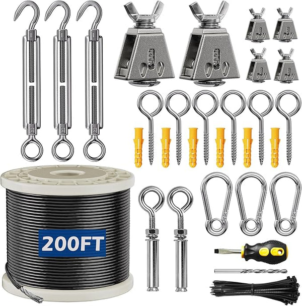 String Lights Suspension Kit 200FT 304 Stainless Steel Wire Rope Black Nylon Coated Cable Heavy Duty Outdoor String | Lumora