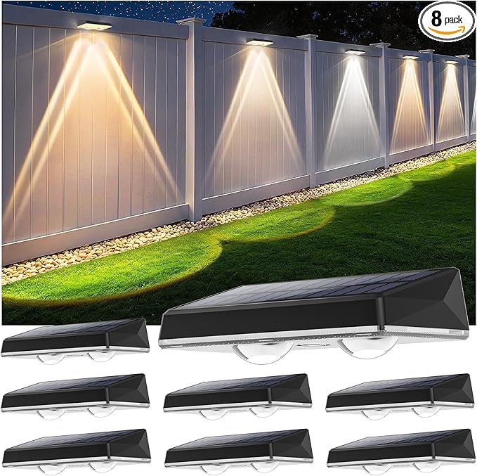 Solar Fence Lights Outdoor, 8-Pack 120LM Fence Lights Solar Powered, IP67 Waterproof Dusk to Dawn Auto On/Off 12+ Hours for Outside/Backyard/Wall/Step/Patio/Deck/Pool (3000K/4000K/6000K White)