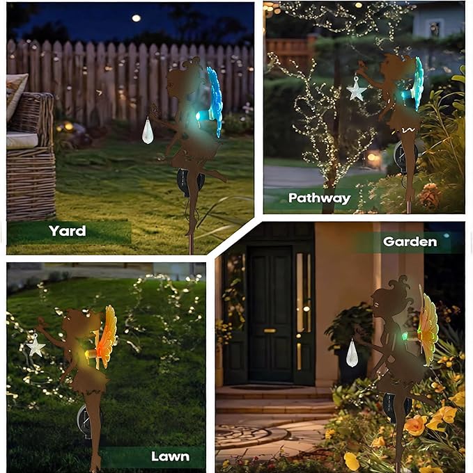 Solar Garden Fairy Statue with LED Lights, Metal Yard Art Outdoor Figurine for Patio Path Yard Decor