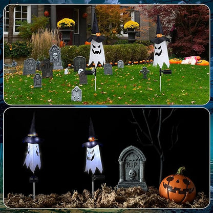 Riakrum 2 Pcs Halloween Solar Pathway Lights Solar Halloween Ghost Witch Hat Stake Lights Decorations Outdoor Big Spooky Ghost Decor for Pathway Porch Yard Walkway Lawn Garden Indoor Outside Party