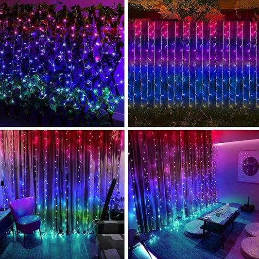 300 LED Solar Curtain Lights Outdoor Indoor Solar Christmas Lights Fairy Window Waterproof, Twinkle 8 Modes Christmas Decoration for Home Patio (Multi-Colored)