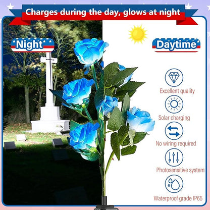 Woanger 4 Pcs Solar Flowers Cemetery Grave Decorations Outdoor LED Flower Lights with 6 Rose Powered Garden Stake Lights Waterproof for Independence Day 250 Anniversary USA Decorations(Blue, White)