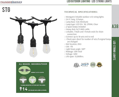 Westgate Lighting 24Ft Indoor/Outdoor Linkable LED String Lights, Commercial Grade with 12 Sockets & LED Bulbs – Bistro, Pergola, Deck, Patio, Market, Cafe, Gazebo, Party Decor