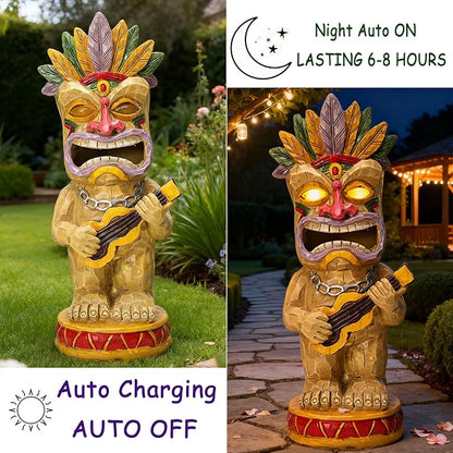 Solar Tiki Garden Statue with LED Eyes Outdoor Resin Ukulele Player Yard Decor Solar Light Hawaiian Style Lawn Ornament for Patio Porch Tiki Bar Decor Best Gift for Tiki Lovers