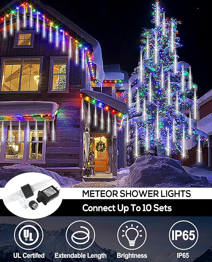Christmas Lights Outdoor 12 Inch 10 Tubes Meteor Shower Light LED Falling Rain Drop Lights Icicle Snow Cascading Xmas String Decor for Tree Wedding Party Garden Decoration,Shine White