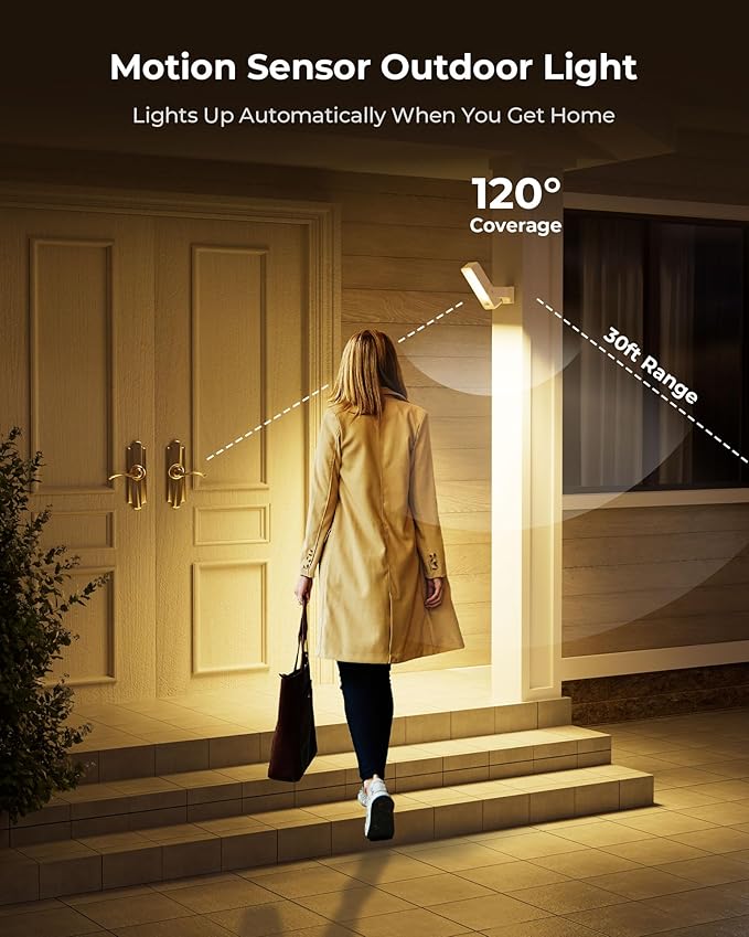 Motion Sensor Outdoor Light, 10000mAh Rechargeable 600 Lumen Battery Operated Outdoor Light with 3 Modes, 3 Color | Lumora