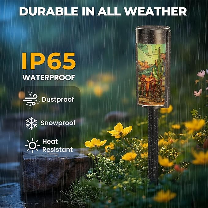 8 Pack Solar Pathway Lights Outdoor Waterproof Stained Glass Golden Sunset Western Border Design Solar Garden Lights LED Landscape Lighting for Yard Walkway Lawn Garden Decor