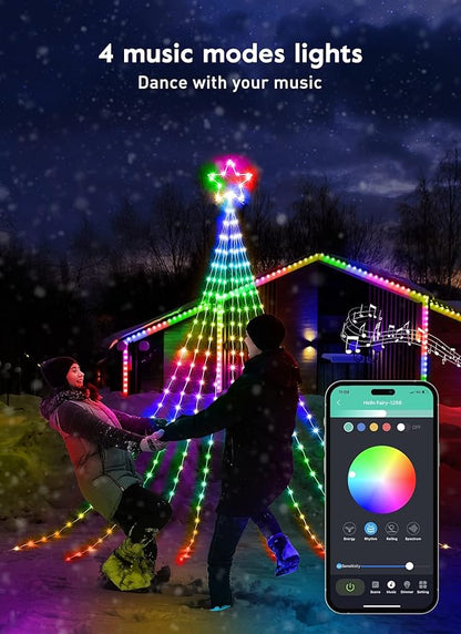 Outdoor Christmas Star String Lights, Smart RGB Waterfall Tree String Light with APP Remote Control, DIY Modes Dimmable Timer Music Sync Shooting Star Fairy Lights for Indoor Outdoor Garden Decoration