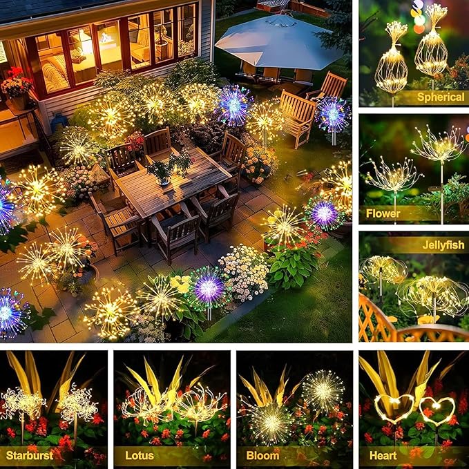 yowin Solar Fireworks Lights for Outside 2 Pack 120 LEDs Solar Garden Decor, 8 Modes Sparkler Light Outdoor Waterproof Starlit Starburst Lights for Yard Flower Bed Lawn Path Decorations - Warm White