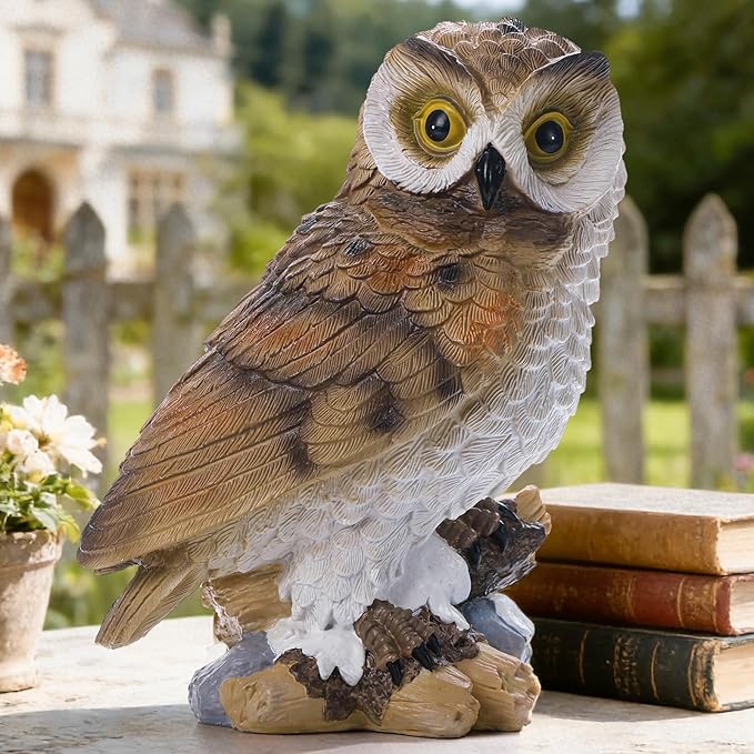 Solar Owl Garden Outdoor Statue,Owl Figurine Sculpture with LED Lights for Porch Patio Lawn Yard Deck Spring Decor - Ideal Easter Day Housewarming Christmas Gift for Women Men Owl Lover(Brown)