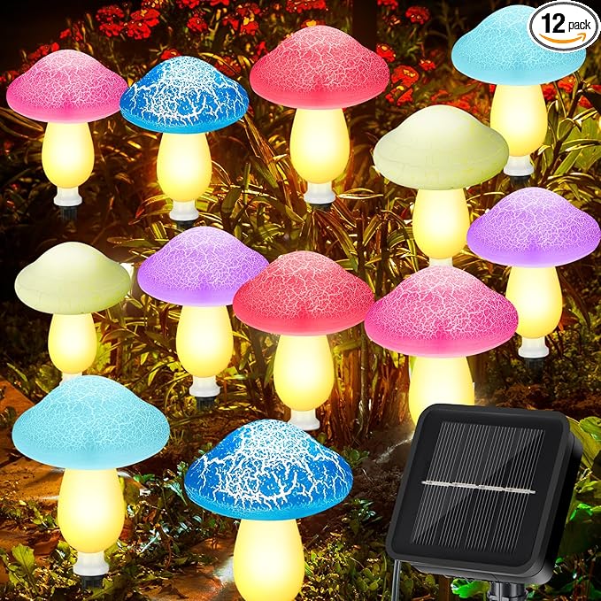 Reginary 12 Pcs Outdoor Lamp Solar Mushroom Light up Garden Mushroom Lights 8 Modes Waterproof Lamp Outside Decor for Holiday Yard Patio Pathway Lawn Ornament(Multicolored,Crack)