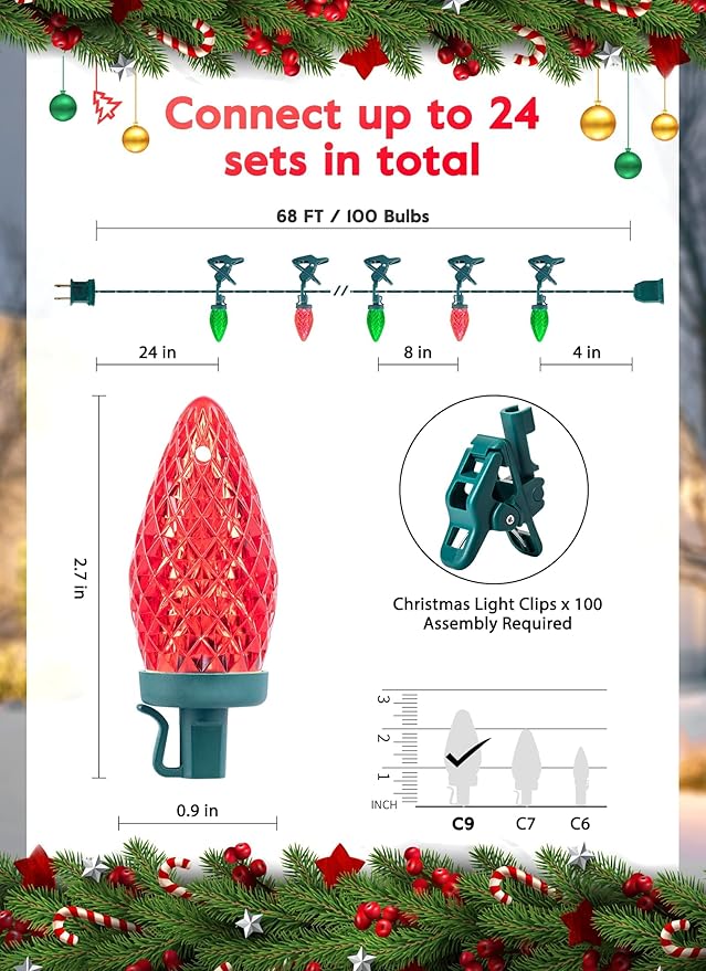 Minetom C9 LED Christmas Lights Outdoor, 68 Feet 100 LED C9 String Light with 100 Spring Clips, Waterproof Connectable Christmas Tree Lights for Outside Roofline Patio Home Xmas Decor, Red & Green