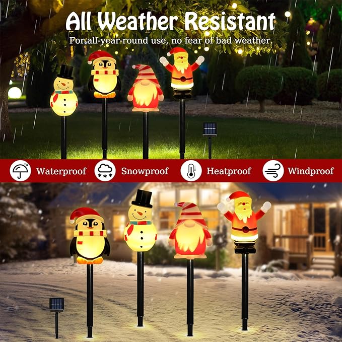Lewondr 4 Pack Christmas Decorations Outside,Solar Lighted Santa Claus,Snowman,Gnome,Penguin with Garden Stakes,Waterproof Garden Lawn Pathway with 8 Lighting Modes,Yard Decor for Xmas Party,Holiday