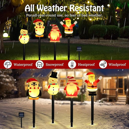 Lewondr 4 Pack Christmas Decorations Outside,Solar Lighted Santa Claus,Snowman,Gnome,Penguin with Garden Stakes,Waterproof Garden Lawn Pathway with 8 Lighting Modes,Yard Decor for Xmas Party,Holiday