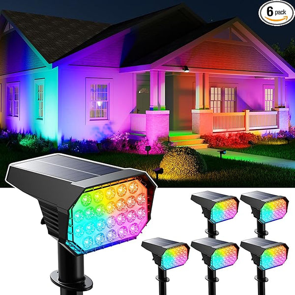 6 Pack Color Changing Solar Powered Outdoor Spot Lights Outside Landscape Waterproof 24 LED Spotlights Dusk to Dawn | Lumora