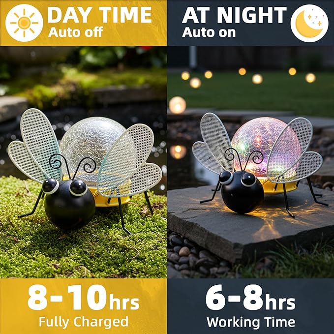 Solar Lights Outdoor Bee Decor with Crackle Glass Globe Lights - Cute Metal Bee Decor for - Garden Figurine Light | Lumora