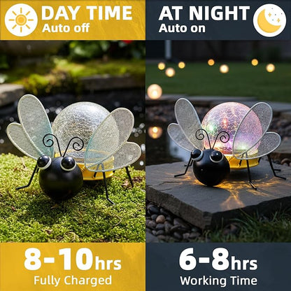 Solar Lights Outdoor Bee Decor with Crackle Glass Globe Lights - Cute Metal Bee Decor for Yard Lawn Patio Porch Pathway Tabletop, Housewarming Gifts for Mom Women