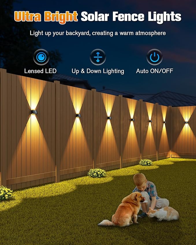 VOLISUN Solar Fence Lights 12 Pack, Color Glow LED Up and Down Wall Lamp, IP65 Waterproof Solar Lights Outdoor for Patio, Backyard, Railing, Deck, Fence and Wall（6 Lenses）