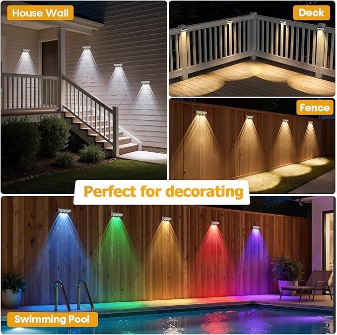 NIORSUN Solar Fence Lights,16 Pack Solars Deck Light,RGB Color,Outdoor Bulb Waterproof Led IP65,Outdoor Fence Light,Power Patio Lamp with Lenses for Outside/Backyard/Railing/Yard(Black)