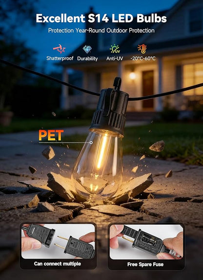 Minetom 31FT Outdoor String LED Patio Lights Waterproof, 9 Shatterproof S14 Vintage Edison Bulbs, Commercial Grade Outside Hanging Lights Waterproof for Porch Deck Garden Backyard Balcony
