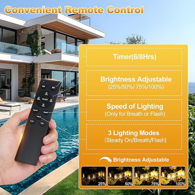 100FT Outdoor Solar String Lights with Remote, USB Rechargeable LED Patio Lights with 52 Timer Dimmable ST38 Edison | Lumora