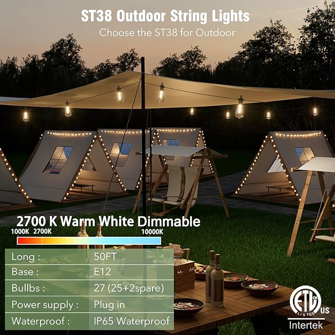 LED Outdoor String Lights 50FT, Waterproof Patio Lights with 27 (25+2 Spare ST38 Shatterproof Replaceable Bulbs), Connectable Dimmable Outside Hanging Light for Porch Garden Deck Bistro Backyard
