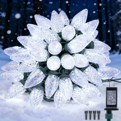 C9 LED Christmas Lights Outdoor,33 Feet 50 LED 8 Lighting Modes Waterproof Connectable Christmas String Lights for Outside Roofline Patio Home Xmas Decorations (Cool White)