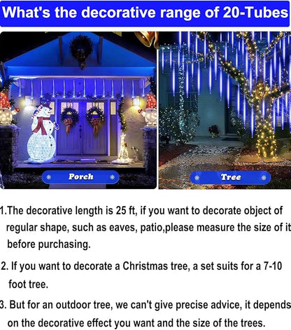 Christmas Lights Outdoor 16 Inch Meteor Shower Rain String Lighting, 20 Tube 960 LEDs Icicle Tree String Decor for Halloween Yard Party Patio Xmas Decoration,Blue
