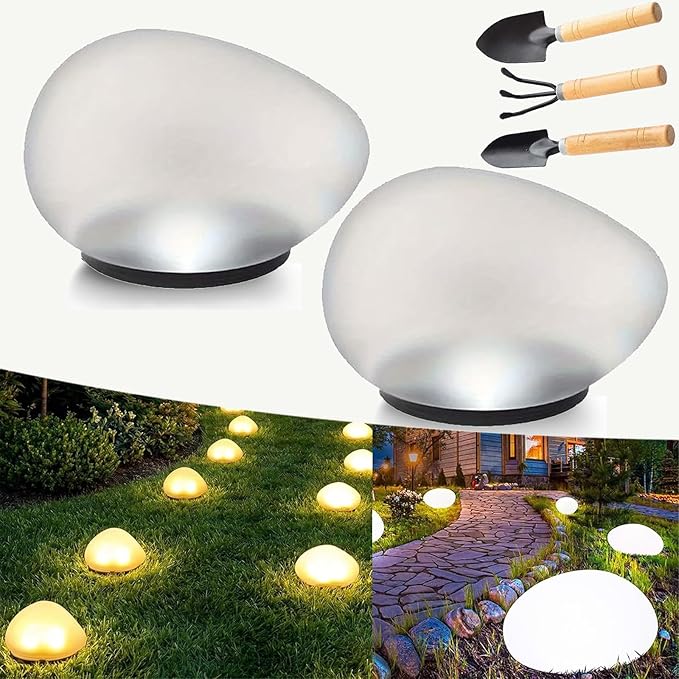 Solar Glass Garden Pebbles, 2026 New Solar Rock Lights Outdoor, Waterproof Glow Cobblestone Lamp for Garden Paths, Stairs, Lawns, Patios, Yard Party Decorations (White, 2pcs)